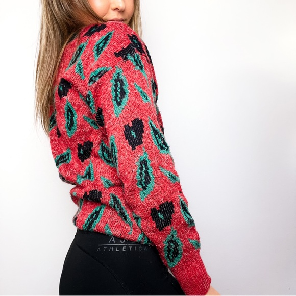 VINTAGE Red Green Leaf 90s Sweater - Picture 5 of 7